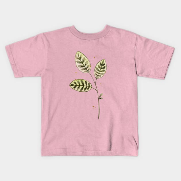 Green Watercolor Leaves Kids T-Shirt by Ellen Wilberg